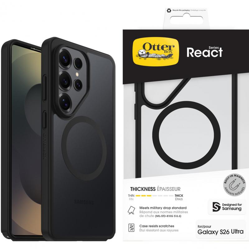 OtterBox React Magnetic Back Cover Mobile Case with MagSafe, for Samsung Galaxy S26 Ultra, Black Crystal