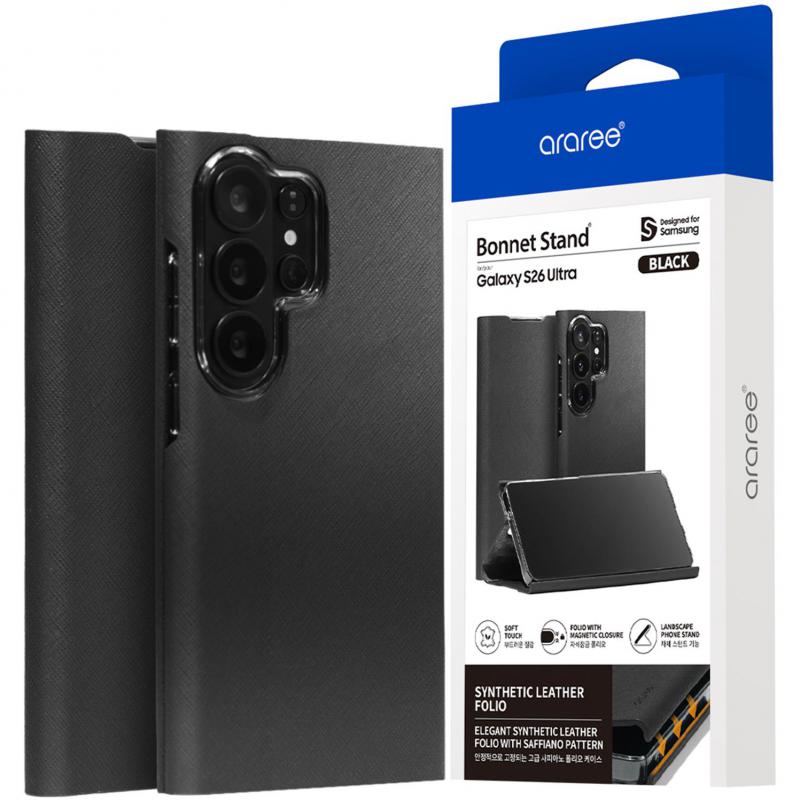 Araree Bonnet Stand Flip Cover Mobile Case, for Samsung Galaxy S26 Ultra, Black