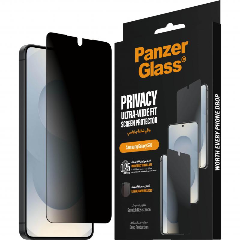 PanzerGlass Ultra-Wide Fit Smartphone Screen Protector, for Samsung Galaxy S26, Tempered Glass, 2-way Privacy