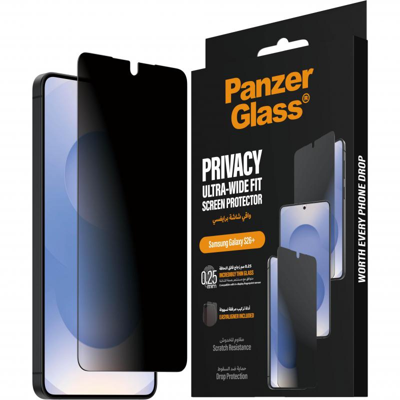 PanzerGlass Ultra-Wide Fit Smartphone Screen Protector, for Samsung Galaxy S26+, Tempered Glass, 2-way Privacy