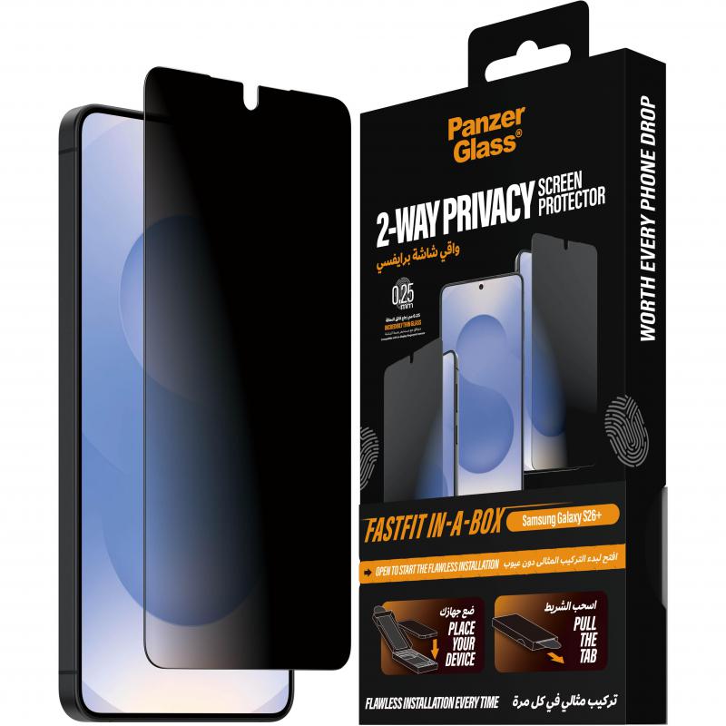 PanzerGlass Ultra-Wide Fit FASTFIT IN-A-BOX Smartphone Screen Protector, for Samsung Galaxy S26+, Tempered Glass, 2-way Privacy