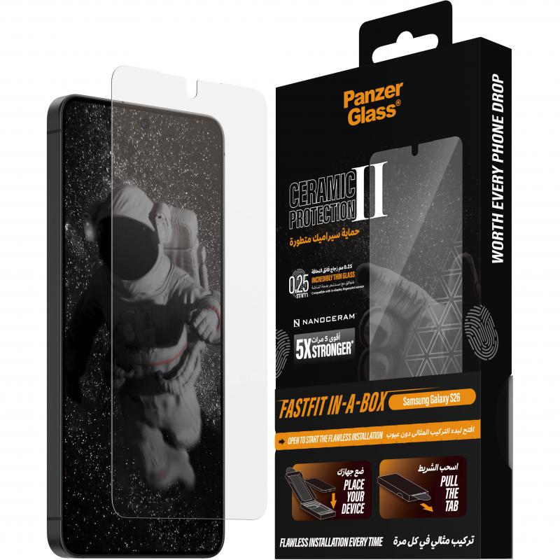 PanzerGlass Ultra-Wide Fit FASTFIT IN-A-BOX Ceramic II Smartphone Screen Protector, for Samsung Galaxy S26, Tempered Glass, Clear