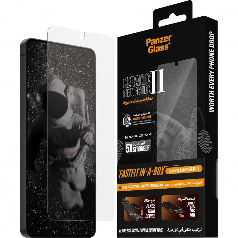 PanzerGlass Ultra-Wide Fit Fastfit In-A-Box Ceramic II Smartphone Screen Protector, for Samsung Galaxy S26 Ultra, Tempered Glass, Clear