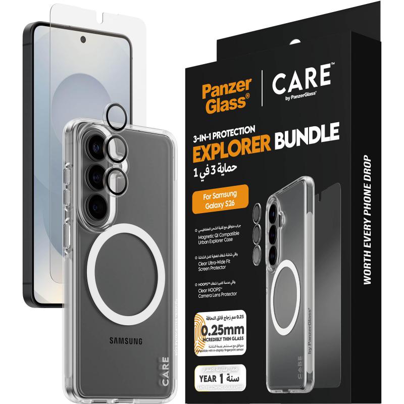 PanzerGlass 3-in-1 Protection Pack Urban Explorer Case + Screen Protector + Hoops Camera Lens Protector Smartphone Case Bundle, for Samsung Galaxy S26, Clear