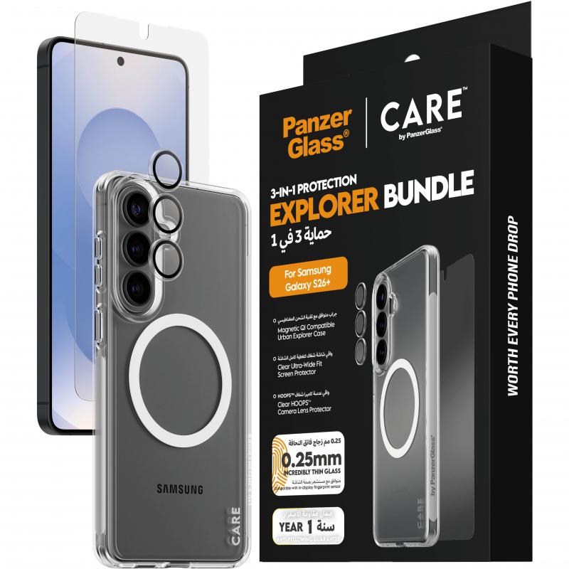 PanzerGlass 3-in-1 Protection Pack Urban Explorer Case + Screen Protector + Hoops Camera Lens Protector Smartphone Case Bundle, for Samsung Galaxy S26+, Clear