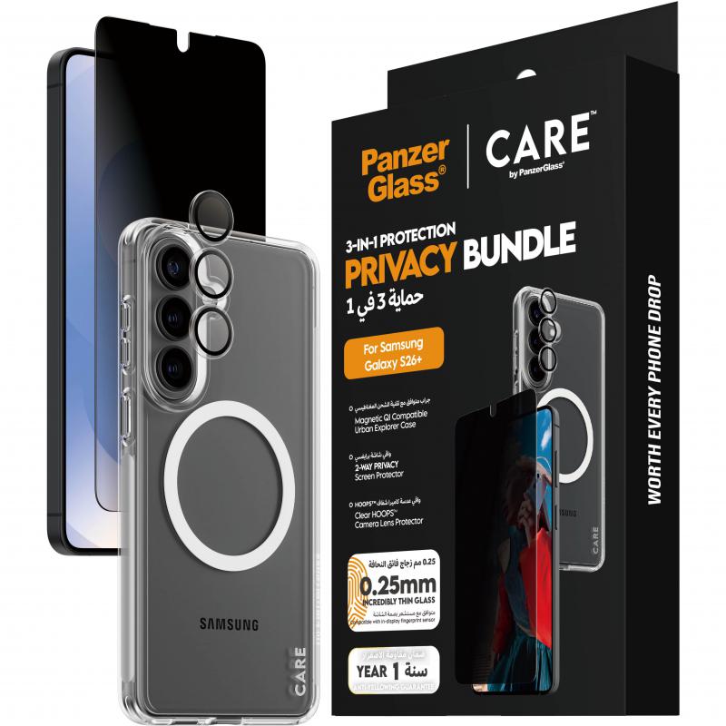 PanzerGlass 3-in-1 Protection Pack Privacy Screen Protector + Urban Explorer Case + Hoops Camera Lens Protector Smartphone Case Bundle, for Samsung Galaxy S26+, Clear