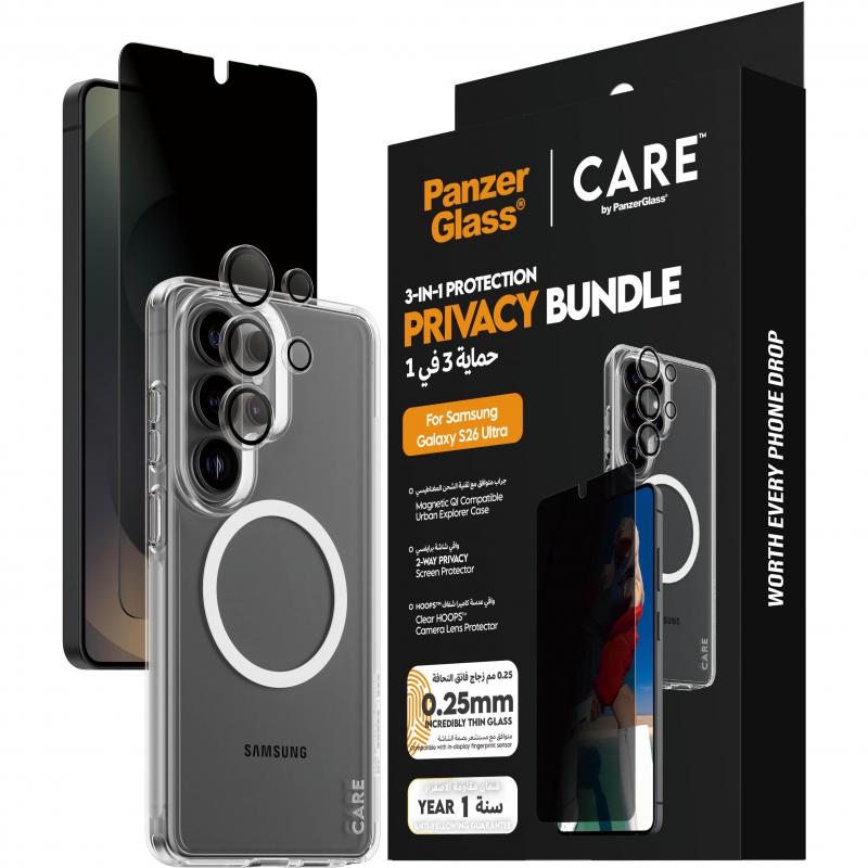 PanzerGlass 3-in-1 Protection Pack Privacy Screen Protector + Urban Explorer Case + Hoops Camera Lens Protector Smartphone Case Bundle, for Samsung Galaxy S26 Ultra, Clear