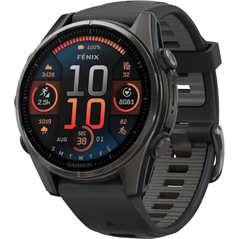 GARMIN Fenix 8 Smartwatch, GPS, 1.3", Carbon Grey DLC Titanium Fibre-reinforced Polymer with Metal Rear Cover, Black/Pebble Grey Silicone Strap, One Size
