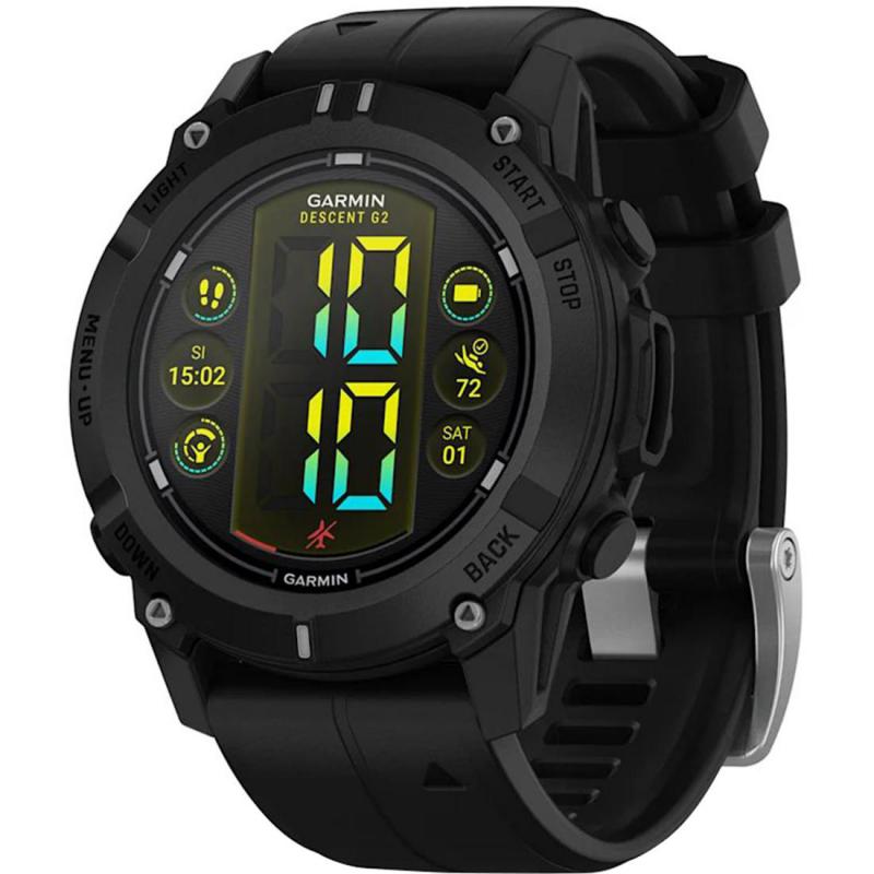GARMIN Descent G2 Smartwatch, GPS, 1.2", Black Fibre-reinforced Polymer, Black Silicone Strap, One Size
