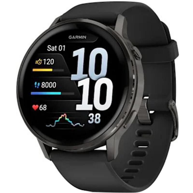 GARMIN Venu 4 Smartwatch, GPS, 1.4", Slate Stainless Steel Case, Black Silicone Strap, One Size