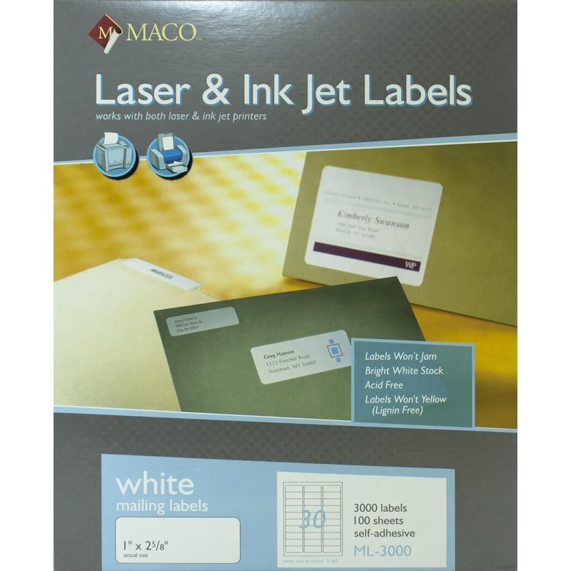 Maco Multipurpose Labels, 2-5/8" X 1", Rectangle, White, 3000 Labels/Pack